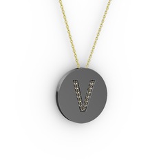 V Baş Harf kolye - Dumanlı kuvars 925 ayar siyah rodyum kaplama gümüş kolye (40 cm altın rolo zincir) #tcdjai