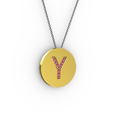 Y Baş Harf kolye - Rodolit garnet 8 ayar altın kolye (40 cm gümüş rolo zincir) #10ht7c9