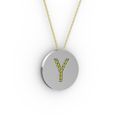 Y Baş Harf kolye - Peridot 14 ayar beyaz altın kolye (40 cm altın rolo zincir) #1112r1u