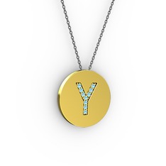 Y Baş Harf kolye - Akuamarin 8 ayar altın kolye (40 cm gümüş rolo zincir) #11cicju