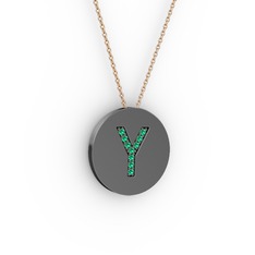 Y Baş Harf kolye - Yeşil kuvars 925 ayar siyah rodyum kaplama gümüş kolye (40 cm rose altın rolo zincir) #11j2j3o