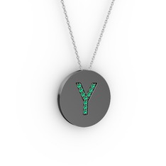 Y Baş Harf kolye - Yeşil kuvars 925 ayar siyah rodyum kaplama gümüş kolye (40 cm gümüş rolo zincir) #165mgda