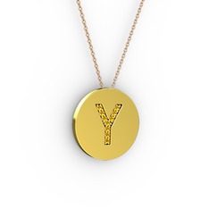 Y Baş Harf kolye - Sitrin 18 ayar altın kolye (40 cm rose altın rolo zincir) #16l9ppk