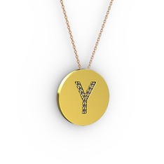 Y Baş Harf kolye - Dumanlı kuvars 18 ayar altın kolye (40 cm rose altın rolo zincir) #1vjxug5