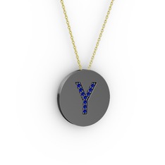 Y Baş Harf kolye - Lab safir 925 ayar siyah rodyum kaplama gümüş kolye (40 cm altın rolo zincir) #spref8