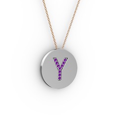 Y Baş Harf kolye - Ametist 8 ayar beyaz altın kolye (40 cm rose altın rolo zincir) #vrq5cu