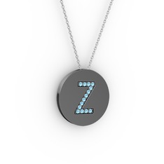 Z Baş Harf Kolye - Akuamarin 925 ayar siyah rodyum kaplama gümüş kolye (40 cm beyaz altın rolo zincir) #15lujsx