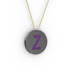 Z Baş Harf Kolye - Ametist 925 ayar siyah rodyum kaplama gümüş kolye (40 cm altın rolo zincir) #d23kks