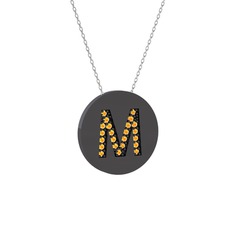 M Baş Harf Kolye - Sitrin 925 ayar siyah rodyum kaplama gümüş kolye (40 cm beyaz altın rolo zincir) #13zwv5v
