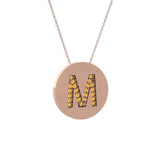 M Baş Harf Kolye - Sitrin 18 ayar rose altın kolye (40 cm gümüş rolo zincir) #14ldjr8