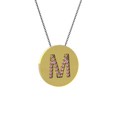 M Baş Harf Kolye - Pembe kuvars 18 ayar altın kolye (40 cm gümüş rolo zincir) #14sjv6z