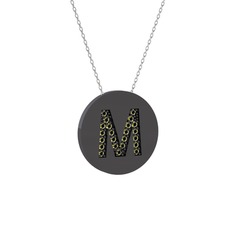 M Baş Harf Kolye - Peridot 925 ayar siyah rodyum kaplama gümüş kolye (40 cm beyaz altın rolo zincir) #1701sk2