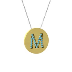 M Baş Harf Kolye - Akuamarin 18 ayar altın kolye (40 cm beyaz altın rolo zincir) #181zrjd