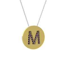 M Baş Harf Kolye - Ametist 925 ayar altın kaplama gümüş kolye (40 cm beyaz altın rolo zincir) #18axt89