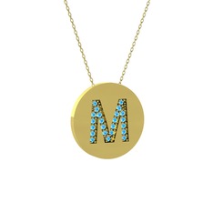 M Baş Harf Kolye - Akuamarin 925 ayar altın kaplama gümüş kolye (40 cm altın rolo zincir) #1dfbidr