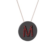 M Baş Harf Kolye - Garnet 925 ayar siyah rodyum kaplama gümüş kolye (40 cm rose altın rolo zincir) #1fod8zr