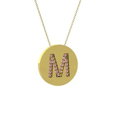 M Baş Harf Kolye - Pembe kuvars 14 ayar altın kolye (40 cm altın rolo zincir) #1l0p4mq