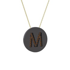 M Baş Harf Kolye - Dumanlı kuvars 925 ayar siyah rodyum kaplama gümüş kolye (40 cm altın rolo zincir) #1r22fa