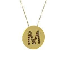 M Baş Harf Kolye - Dumanlı kuvars 14 ayar altın kolye (40 cm gümüş rolo zincir) #1rbl45b