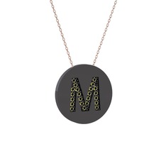 M Baş Harf Kolye - Peridot 925 ayar siyah rodyum kaplama gümüş kolye (40 cm rose altın rolo zincir) #1rcdqb3