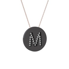 M Baş Harf Kolye - Swarovski 925 ayar siyah rodyum kaplama gümüş kolye (40 cm rose altın rolo zincir) #1s59net