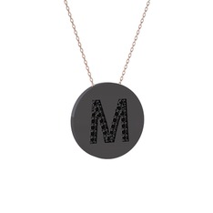M Baş Harf Kolye - Siyah zirkon 925 ayar siyah rodyum kaplama gümüş kolye (40 cm rose altın rolo zincir) #1ucpdnn