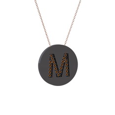 M Baş Harf Kolye - Dumanlı kuvars 925 ayar siyah rodyum kaplama gümüş kolye (40 cm rose altın rolo zincir) #1udbks3