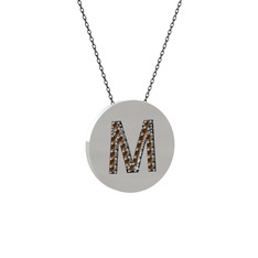 M Baş Harf Kolye - Dumanlı kuvars 8 ayar beyaz altın kolye (40 cm gümüş rolo zincir) #1ul02fe