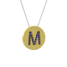 M Baş Harf Kolye - Lab safir 18 ayar altın kolye (40 cm gümüş rolo zincir) #1uy3fiq