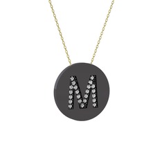 M Baş Harf Kolye - Swarovski 925 ayar siyah rodyum kaplama gümüş kolye (40 cm altın rolo zincir) #26w44b