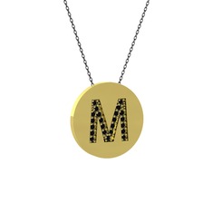 M Baş Harf Kolye - Siyah zirkon 14 ayar altın kolye (40 cm gümüş rolo zincir) #2ixnpc