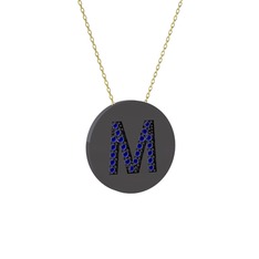 M Baş Harf Kolye - Lab safir 925 ayar siyah rodyum kaplama gümüş kolye (40 cm altın rolo zincir) #3nel9m