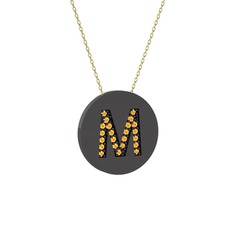 M Baş Harf Kolye - Sitrin 925 ayar siyah rodyum kaplama gümüş kolye (40 cm altın rolo zincir) #3yhr34