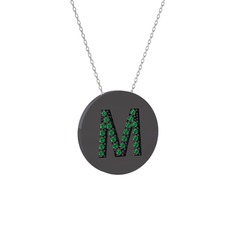 M Baş Harf Kolye - Yeşil kuvars 925 ayar siyah rodyum kaplama gümüş kolye (40 cm beyaz altın rolo zincir) #ml4bld