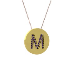 M Baş Harf Kolye - Ametist 18 ayar altın kolye (40 cm rose altın rolo zincir) #n75n0h