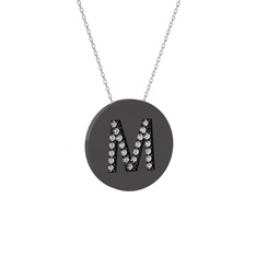 M Baş Harf Kolye - Beyaz zirkon 925 ayar siyah rodyum kaplama gümüş kolye (40 cm beyaz altın rolo zincir) #wnbb14