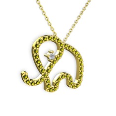 Taşlı Fil Kolye - Peridot ve beyaz zirkon 18 ayar altın kolye (40 cm altın rolo zincir) #1klmnam