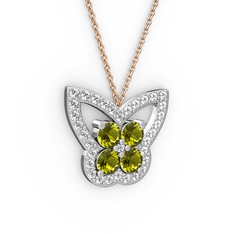 Kelebek Kolye - Beyaz zirkon ve peridot 8 ayar beyaz altın kolye (40 cm gümüş rolo zincir) #1alygbn