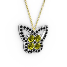Kelebek Kolye - Siyah zirkon ve peridot 18 ayar beyaz altın kolye (40 cm altın rolo zincir) #1hai1nc