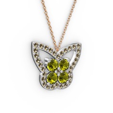 Kelebek Kolye - Dumanlı kuvars ve peridot 8 ayar beyaz altın kolye (40 cm rose altın rolo zincir) #1k147pg