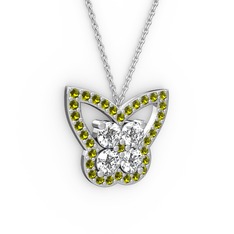 Kelebek Kolye - Peridot ve beyaz zirkon 14 ayar beyaz altın kolye (40 cm beyaz altın rolo zincir) #1yygy0u