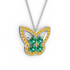 Kelebek Kolye - Sitrin ve yeşil kuvars 14 ayar beyaz altın kolye (40 cm gümüş rolo zincir) #52b9ik