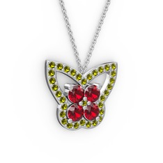 Kelebek Kolye - Peridot ve garnet 14 ayar beyaz altın kolye (40 cm beyaz altın rolo zincir) #qzm5x2