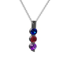 Trinity Taşlı Kolye - Lab safir, kök yakut ve ametist 925 ayar siyah rodyum kaplama gümüş kolye (40 cm beyaz altın rolo zincir) #1tduywm