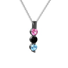 Trinity Taşlı Kolye - Pembe kuvars, siyah zirkon ve akuamarin 925 ayar siyah rodyum kaplama gümüş kolye (40 cm beyaz altın rolo zincir) #6cyvwf