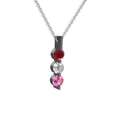 Trinity Taşlı Kolye - Kök yakut, swarovski ve pembe kuvars 925 ayar siyah rodyum kaplama gümüş kolye (40 cm gümüş rolo zincir) #a7pscm