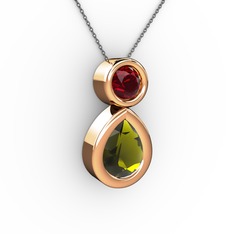 İkili Damla Kolye - Peridot ve garnet 8 ayar rose altın kolye (40 cm gümüş rolo zincir) #14dx9h8