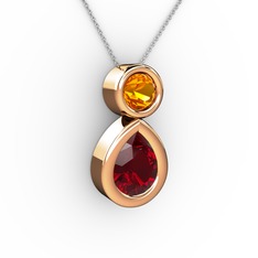 İkili Damla Kolye - Garnet ve sitrin 14 ayar rose altın kolye (40 cm gümüş rolo zincir) #173qyjt