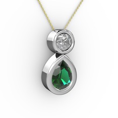 İkili Damla Kolye - Yeşil kuvars ve pırlanta 18 ayar beyaz altın kolye (0.5 karat, 40 cm gümüş rolo zincir) #1n3zuqs
