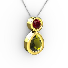 İkili Damla Kolye - Peridot ve garnet 8 ayar altın kolye (40 cm beyaz altın rolo zincir) #1vu5l9x
